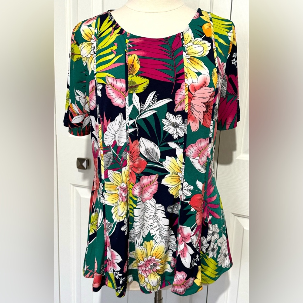 2 for $20 Tops Peck & Peck Ladies Short Sleeve Stretchy Tropical Floral SZ M EUC